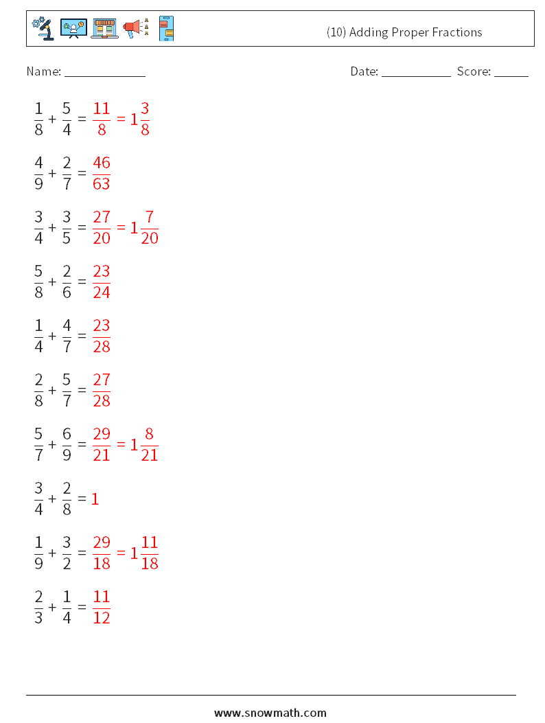 (10) Adding Proper Fractions Math Worksheets 2 Question, Answer