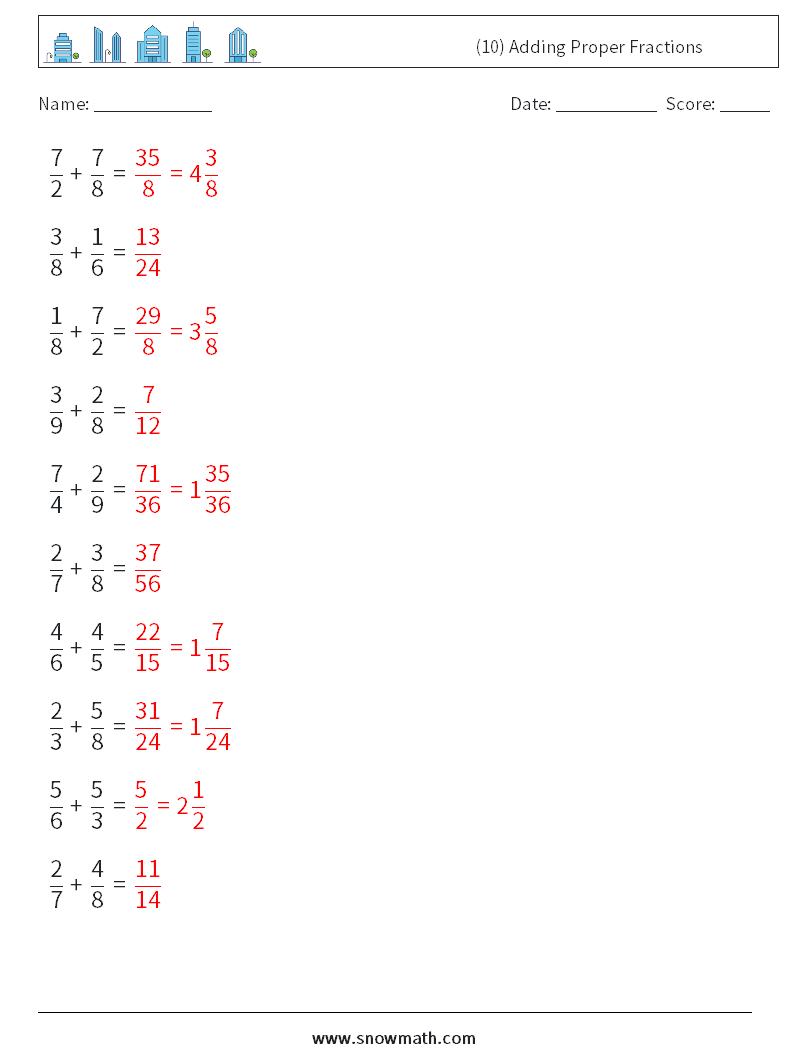 (10) Adding Proper Fractions Math Worksheets 5 Question, Answer