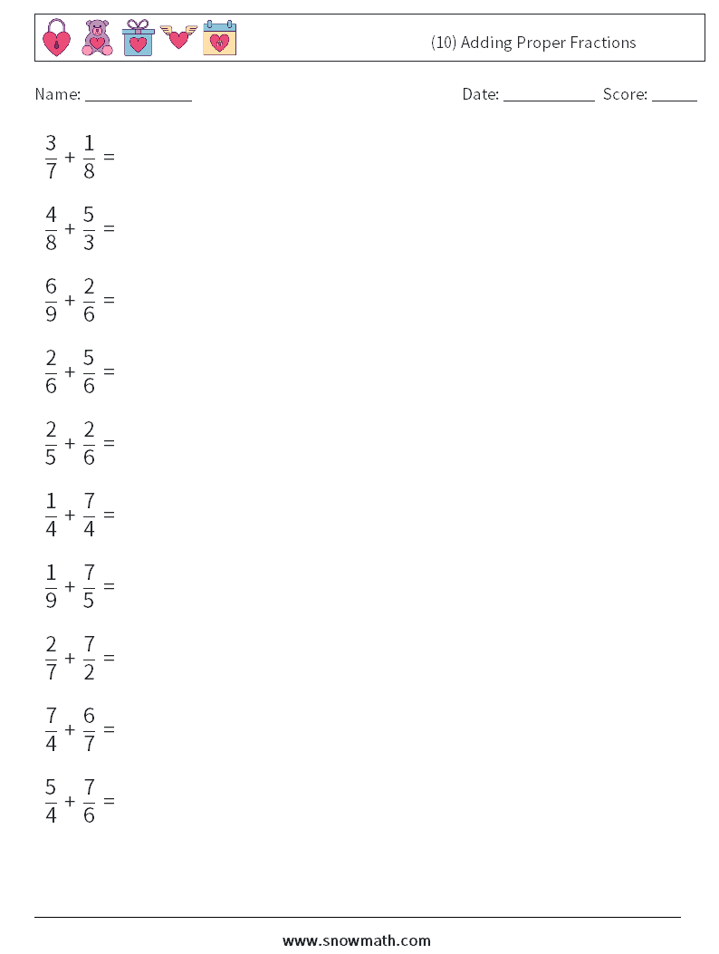 (10) Adding Proper Fractions Math Worksheets 6