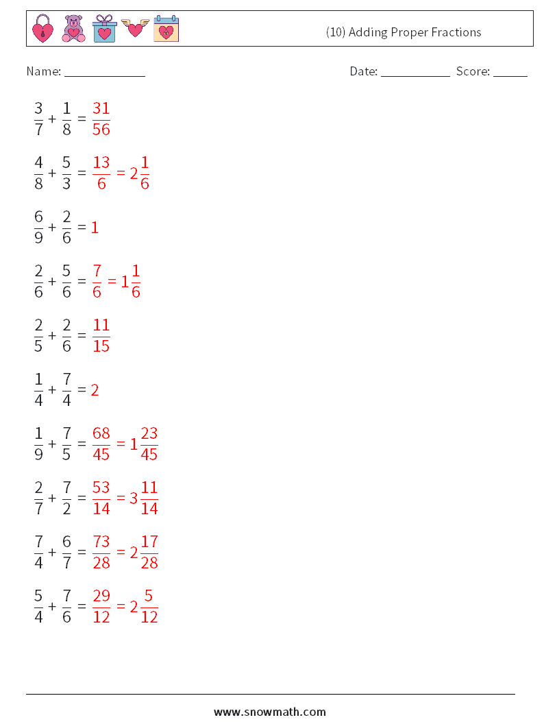 (10) Adding Proper Fractions Math Worksheets 6 Question, Answer