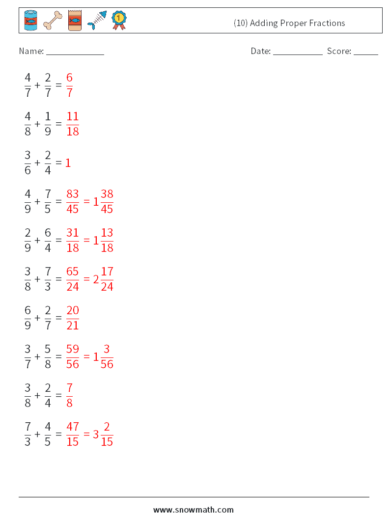 (10) Adding Proper Fractions Math Worksheets 7 Question, Answer