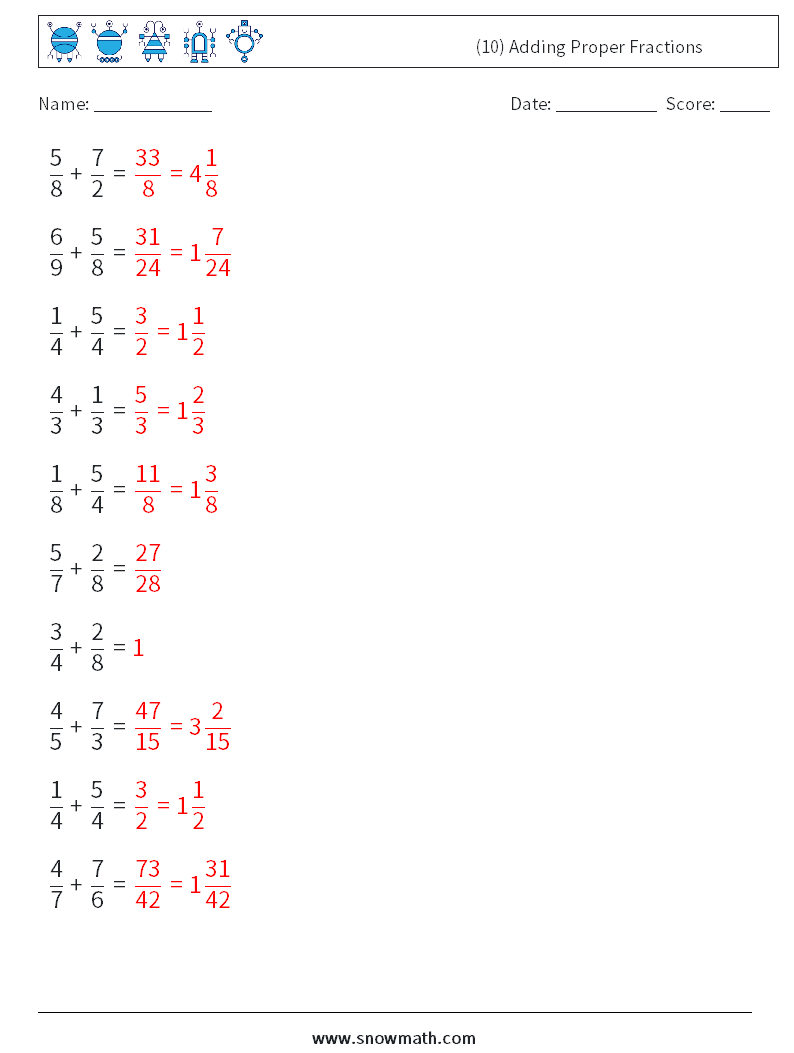 (10) Adding Proper Fractions Math Worksheets 8 Question, Answer