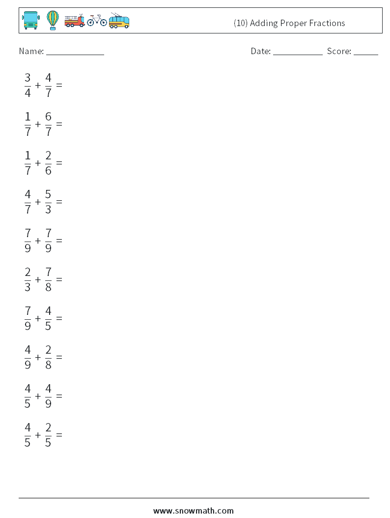 (10) Adding Proper Fractions Maths Worksheets 9