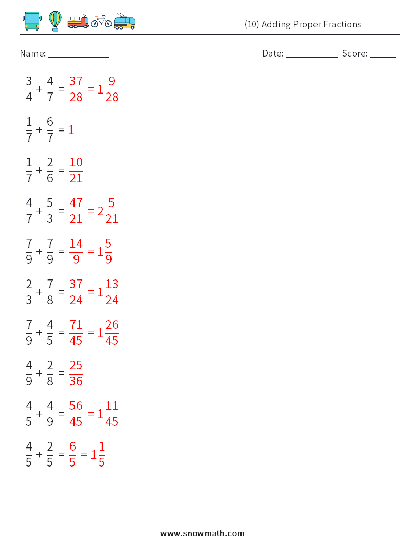 (10) Adding Proper Fractions Math Worksheets 9 Question, Answer