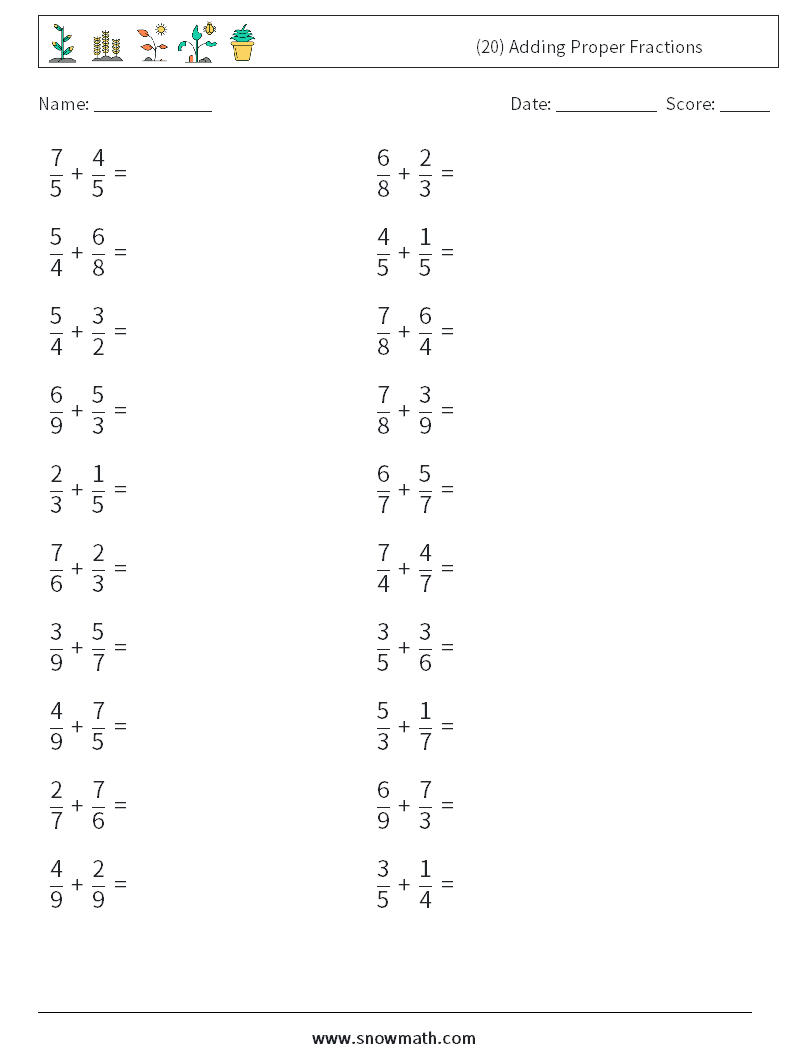 (20) Adding Proper Fractions Maths Worksheets 1