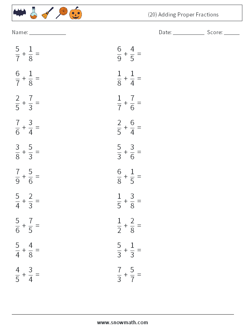 (20) Adding Proper Fractions Math Worksheets 17