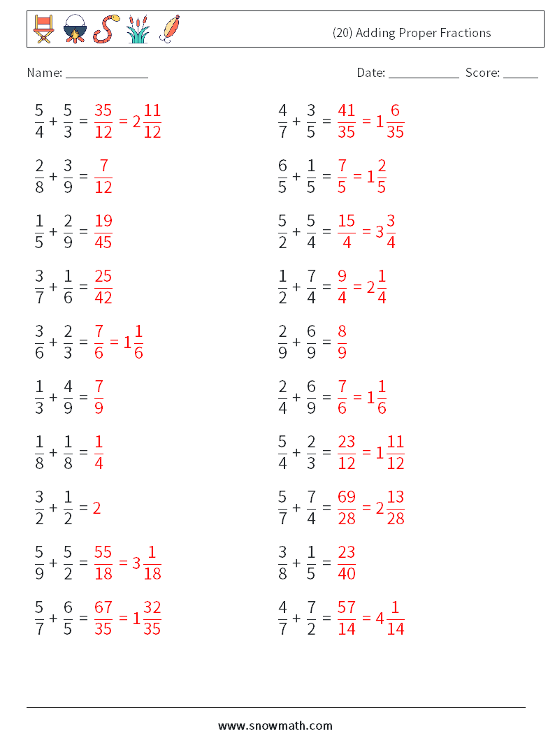(20) Adding Proper Fractions Math Worksheets 3 Question, Answer
