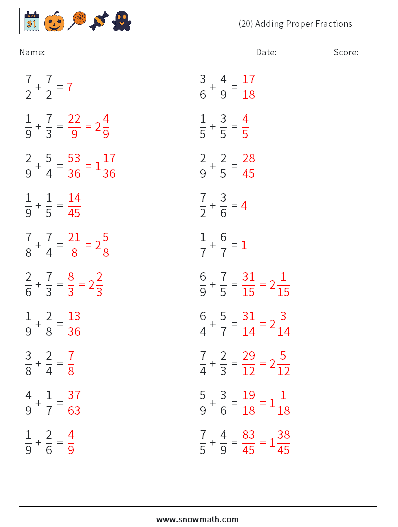 (20) Adding Proper Fractions Math Worksheets 4 Question, Answer