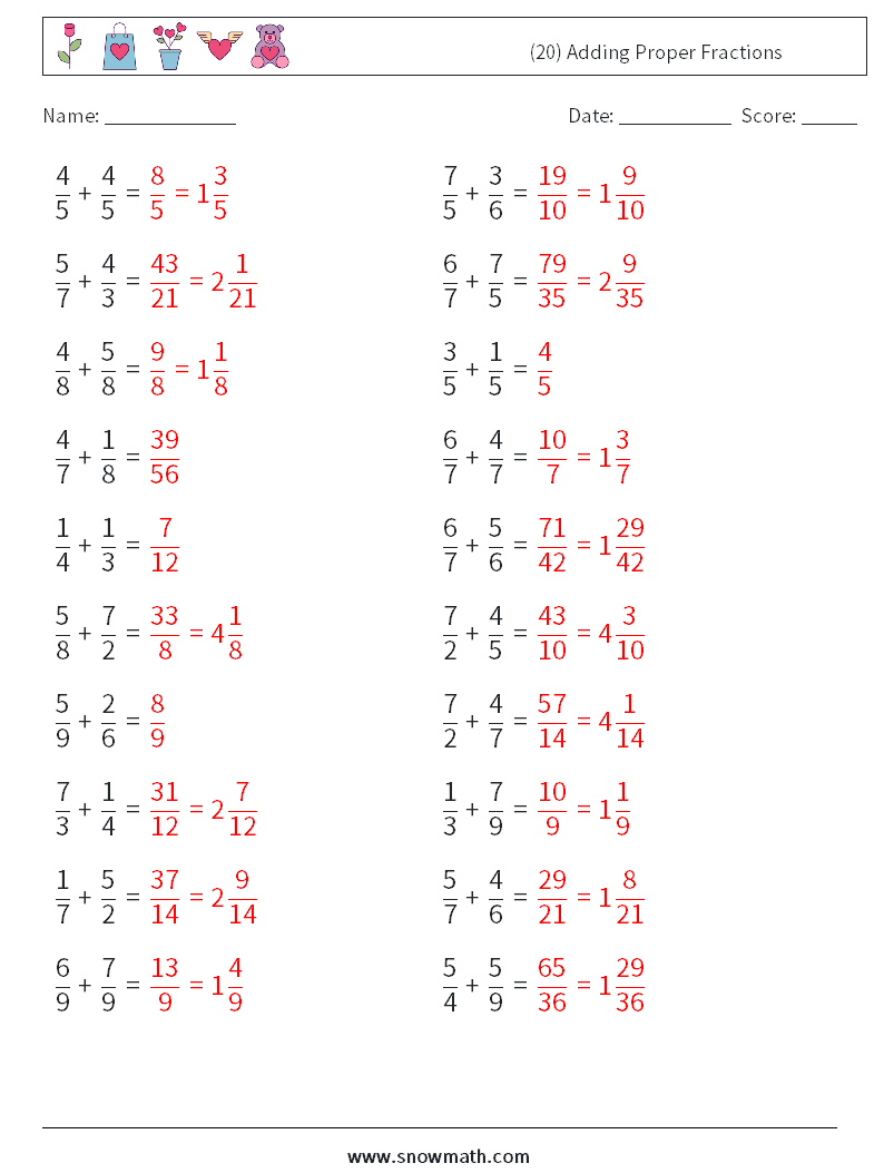(20) Adding Proper Fractions Math Worksheets 5 Question, Answer