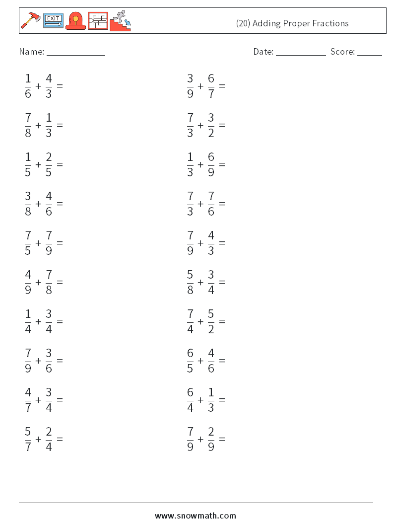 (20) Adding Proper Fractions Math Worksheets 6