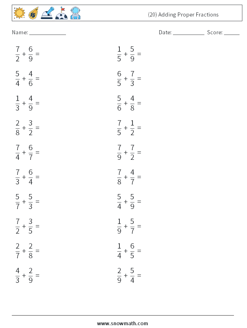 (20) Adding Proper Fractions Maths Worksheets 7