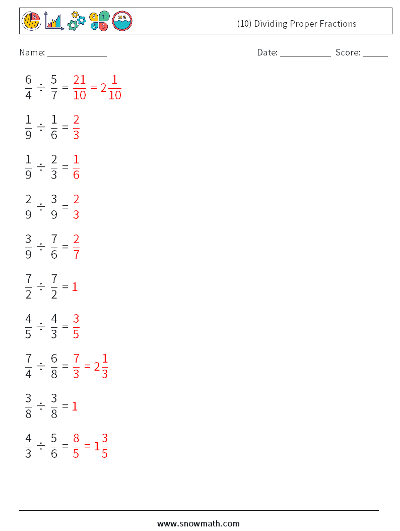 (10) Dividing Proper Fractions Math Worksheets 10 Question, Answer