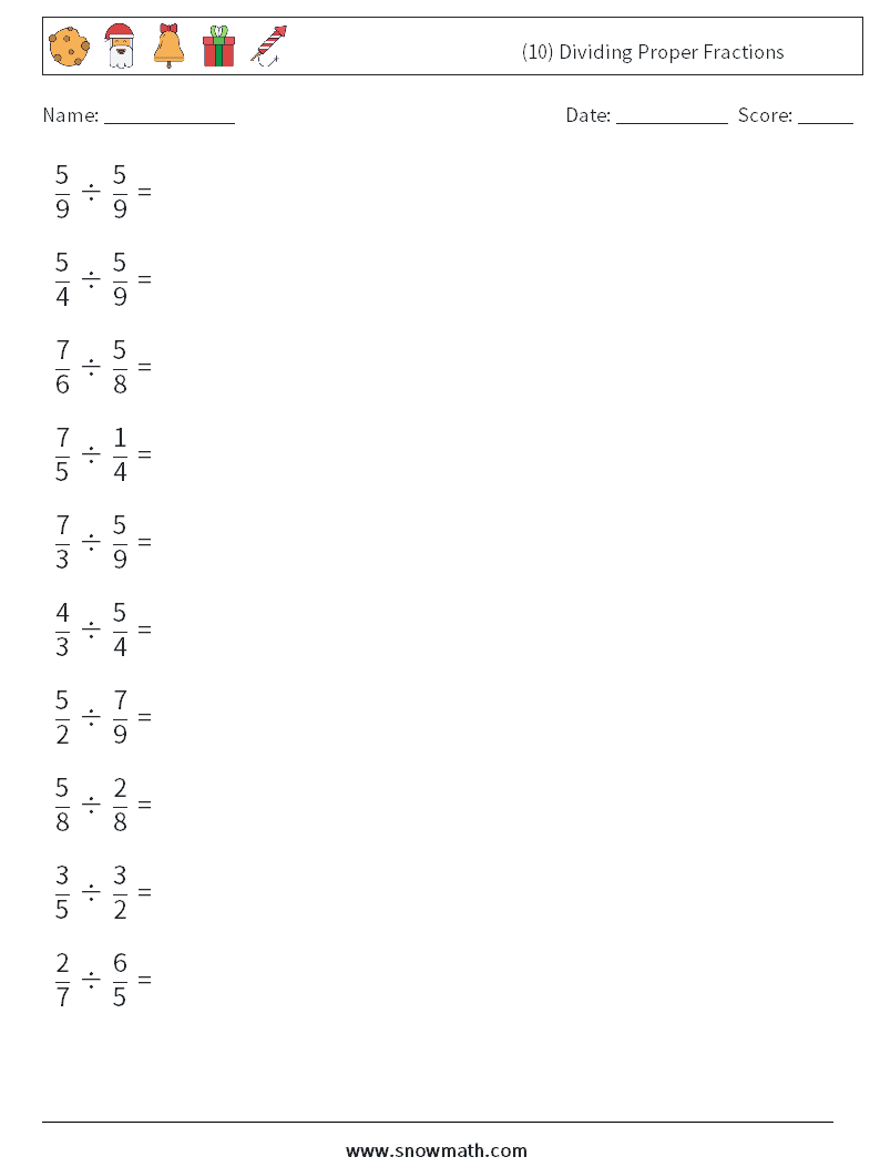 (10) Dividing Proper Fractions Math Worksheets 11