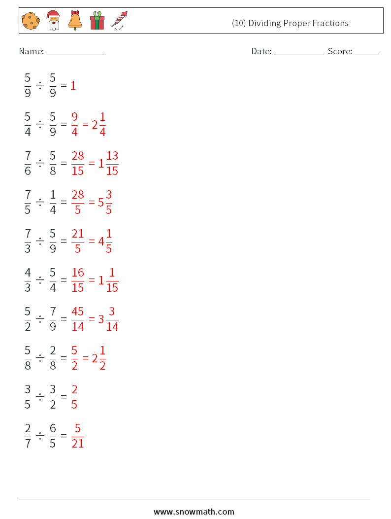 (10) Dividing Proper Fractions Math Worksheets 11 Question, Answer