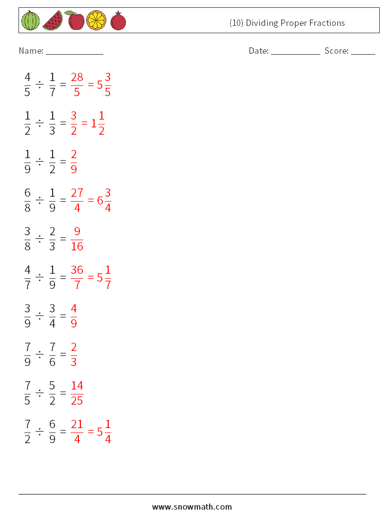 (10) Dividing Proper Fractions Math Worksheets 12 Question, Answer