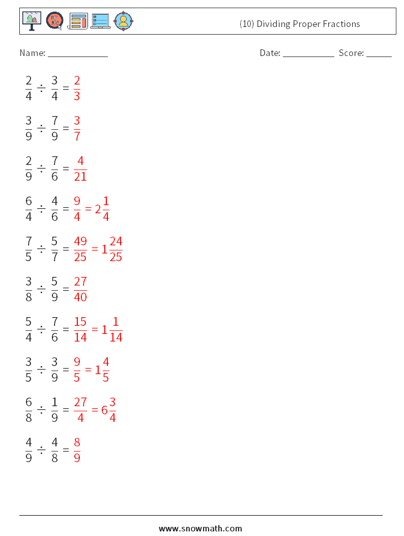 (10) Dividing Proper Fractions Math Worksheets 13 Question, Answer