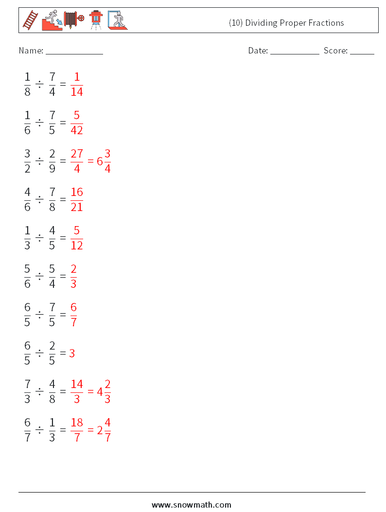 (10) Dividing Proper Fractions Math Worksheets 14 Question, Answer