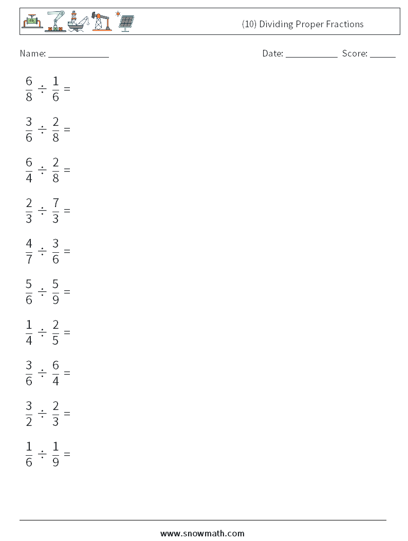 (10) Dividing Proper Fractions Math Worksheets 15