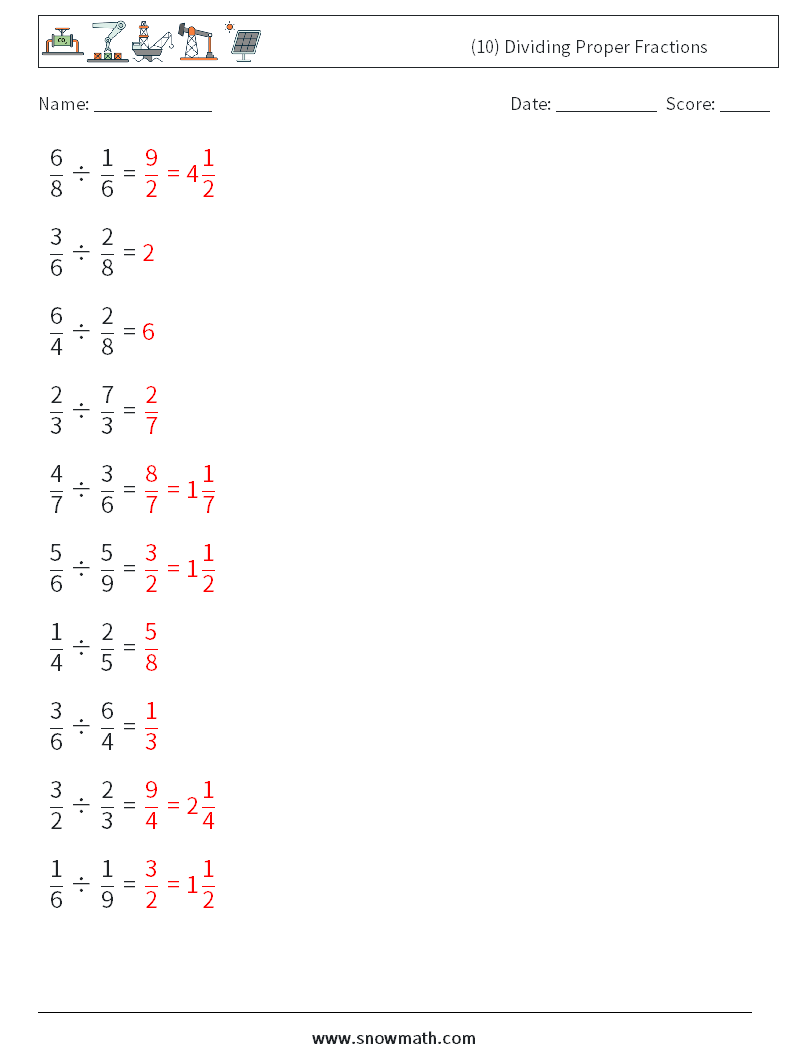 (10) Dividing Proper Fractions Math Worksheets 15 Question, Answer