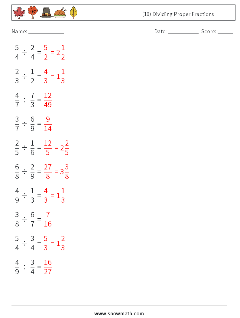 (10) Dividing Proper Fractions Math Worksheets 16 Question, Answer