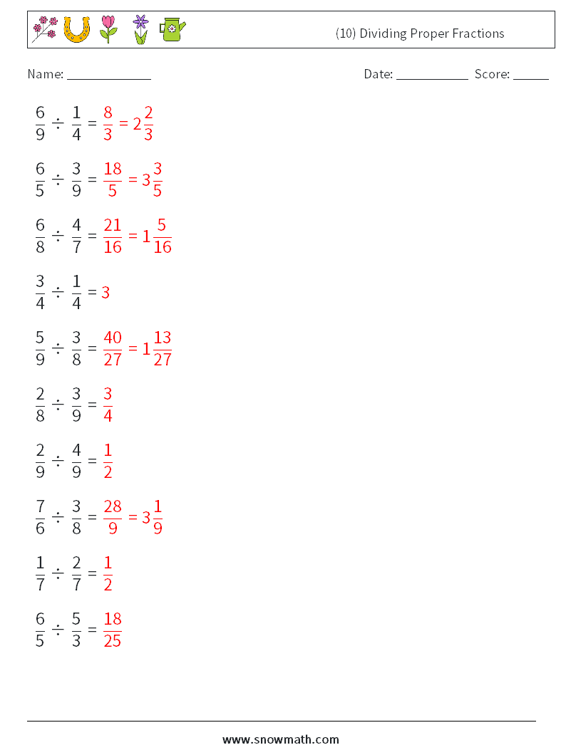 (10) Dividing Proper Fractions Math Worksheets 17 Question, Answer