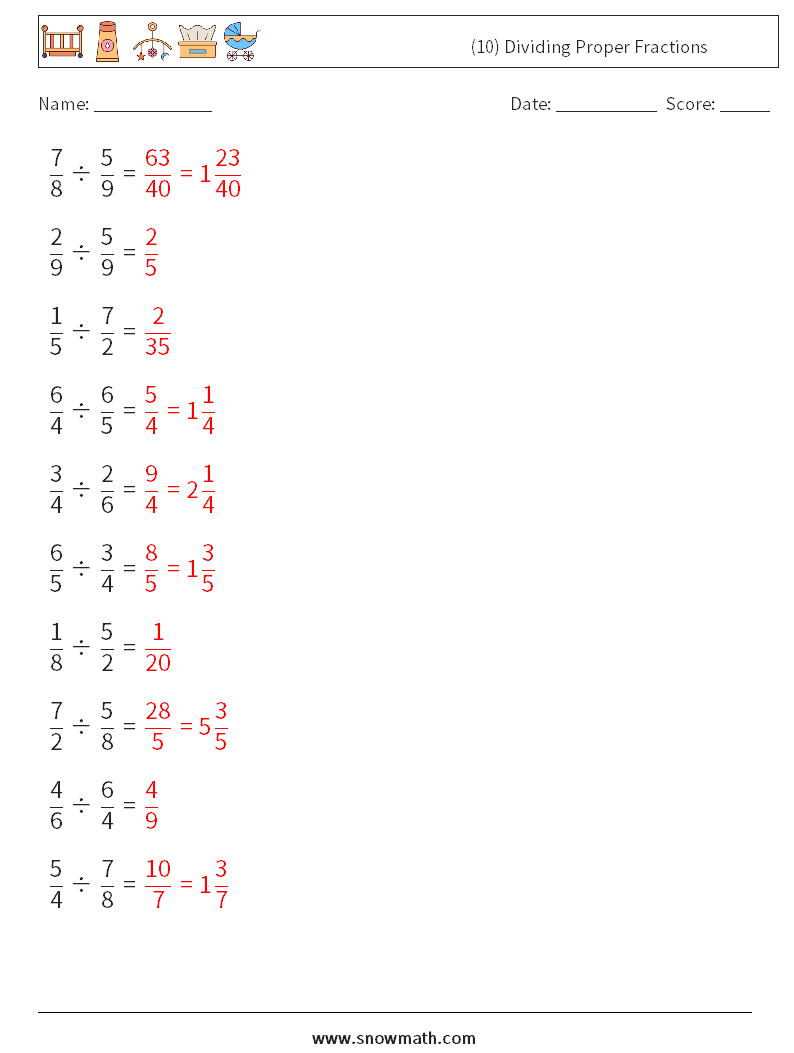 (10) Dividing Proper Fractions Math Worksheets 18 Question, Answer