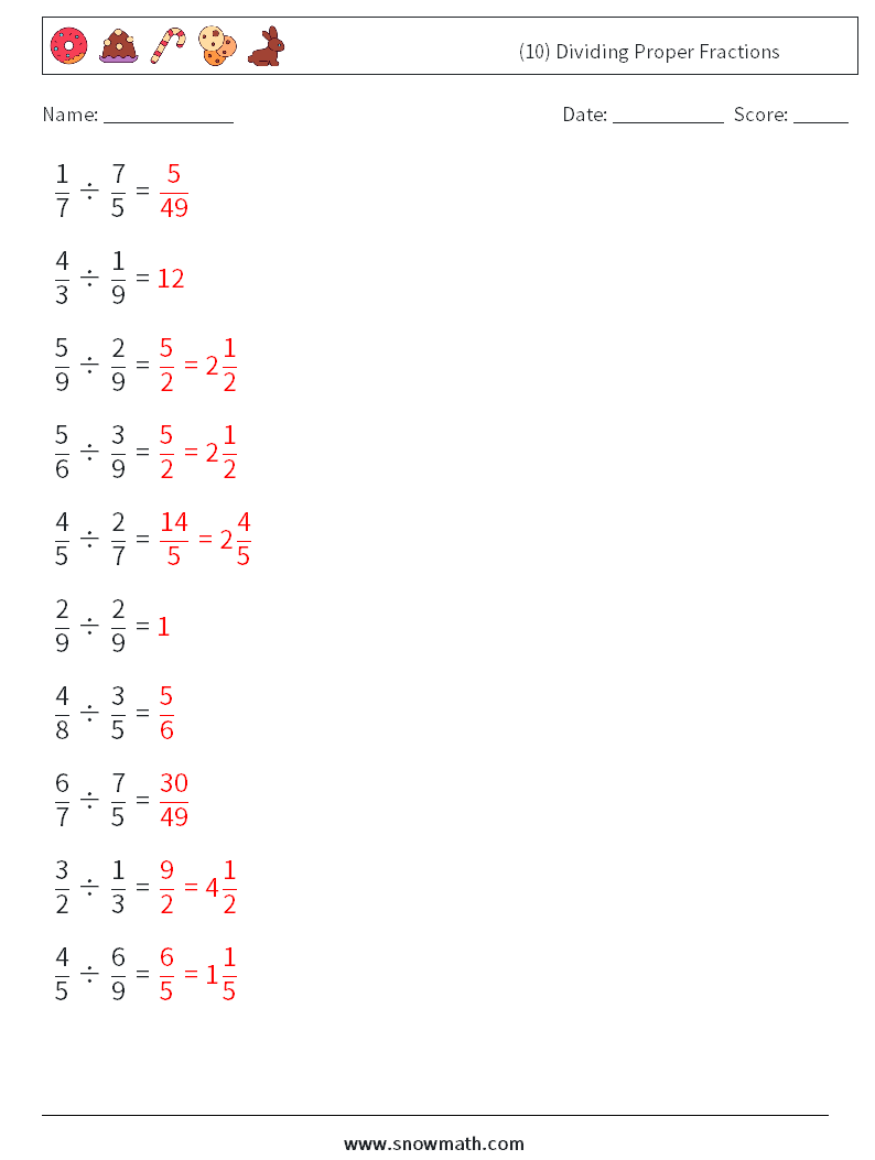 (10) Dividing Proper Fractions Math Worksheets 1 Question, Answer