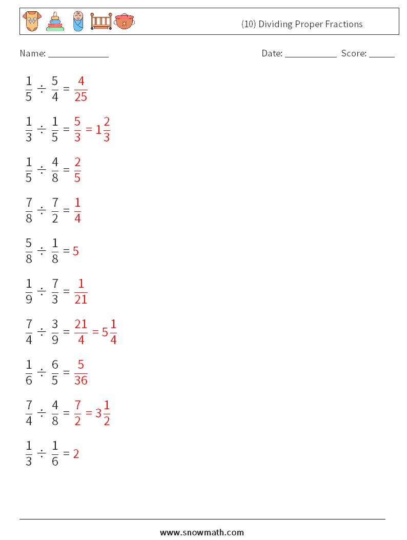 (10) Dividing Proper Fractions Math Worksheets 2 Question, Answer