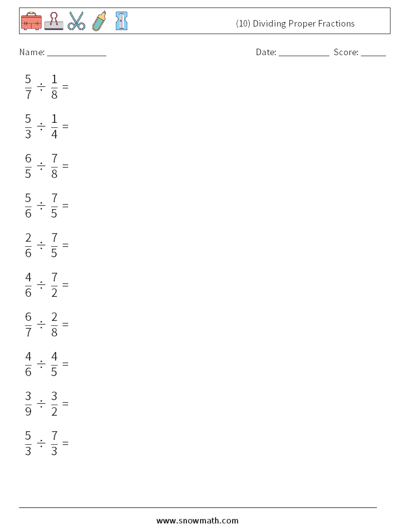 (10) Dividing Proper Fractions Math Worksheets 3