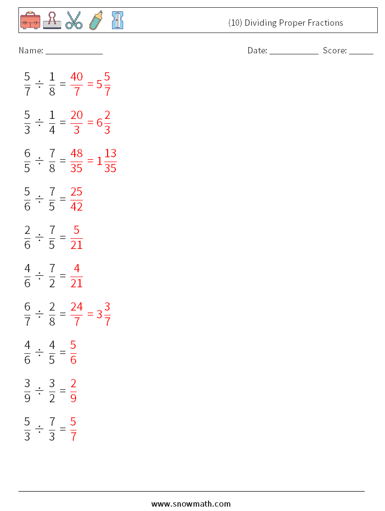 (10) Dividing Proper Fractions Math Worksheets 3 Question, Answer