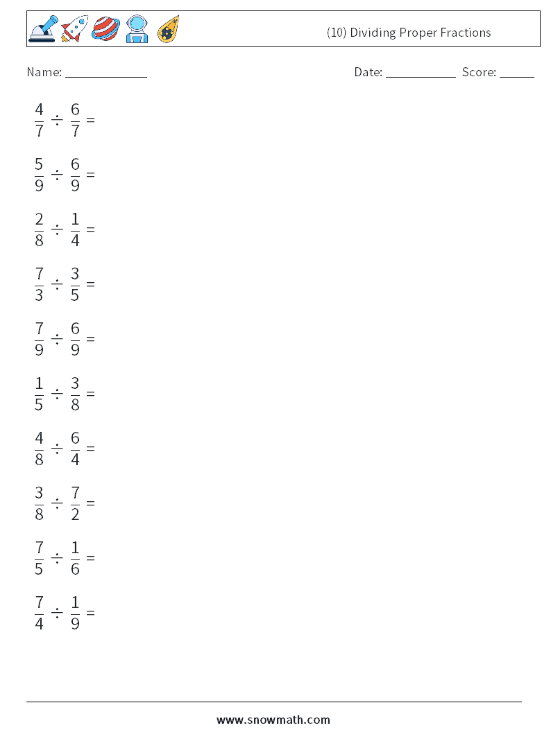 (10) Dividing Proper Fractions Math Worksheets 4