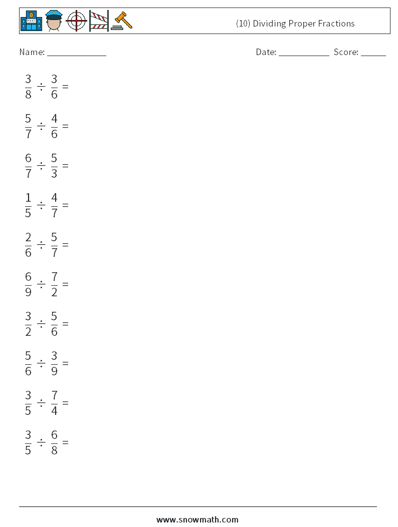 (10) Dividing Proper Fractions Math Worksheets 5