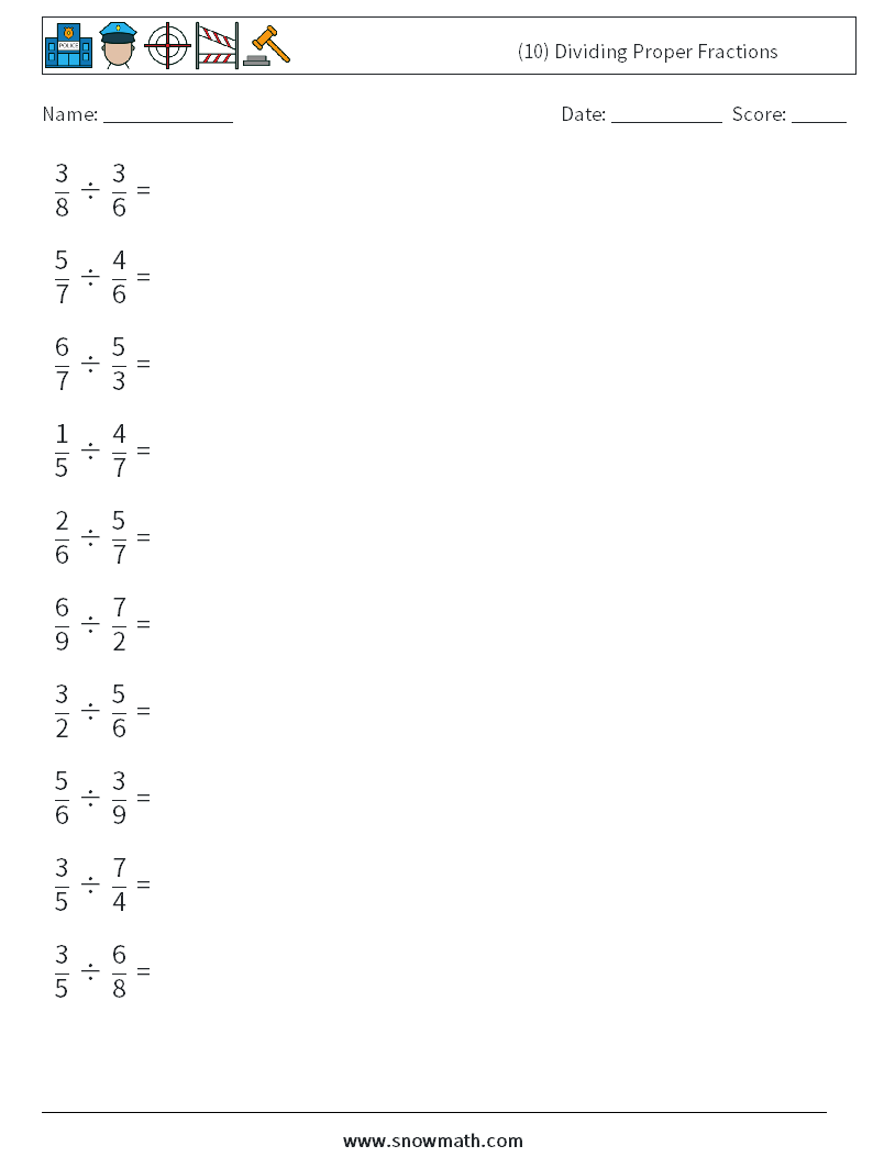 (10) Dividing Proper Fractions Maths Worksheets 5