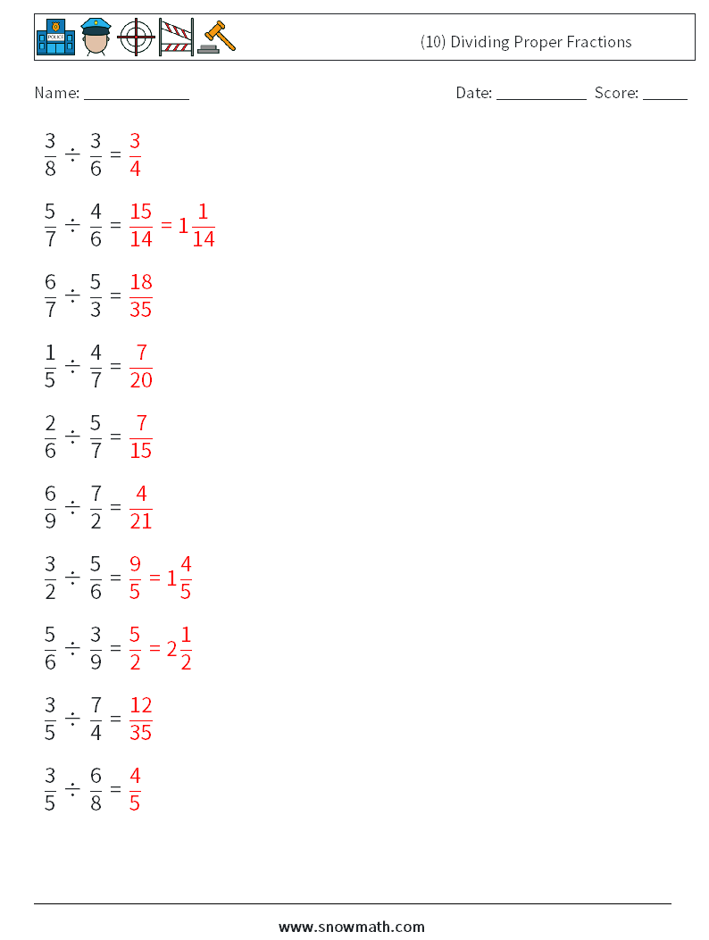 (10) Dividing Proper Fractions Math Worksheets 5 Question, Answer