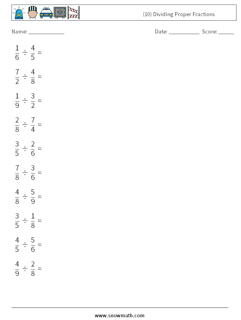 (10) Dividing Proper Fractions Math Worksheets 6