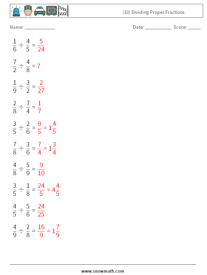 (10) Dividing Proper Fractions Math Worksheets 6 Question, Answer