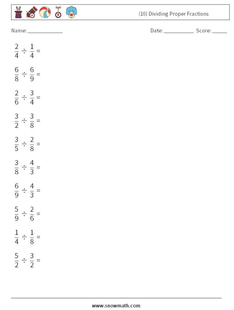 (10) Dividing Proper Fractions Math Worksheets 7