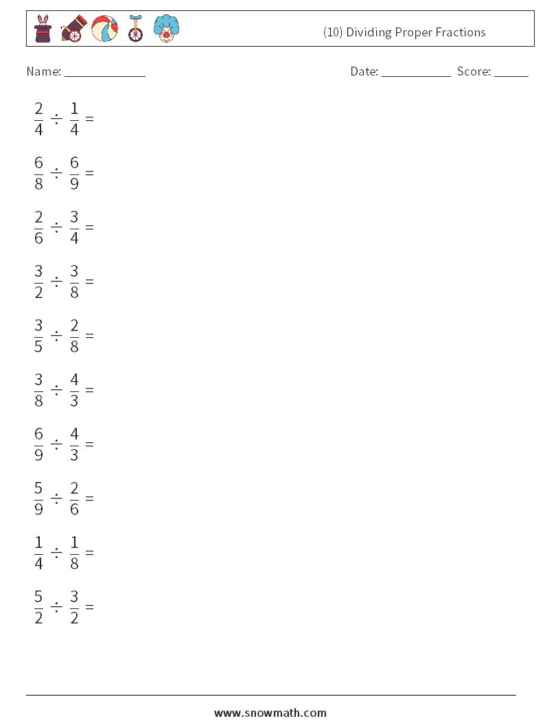 (10) Dividing Proper Fractions Maths Worksheets 7