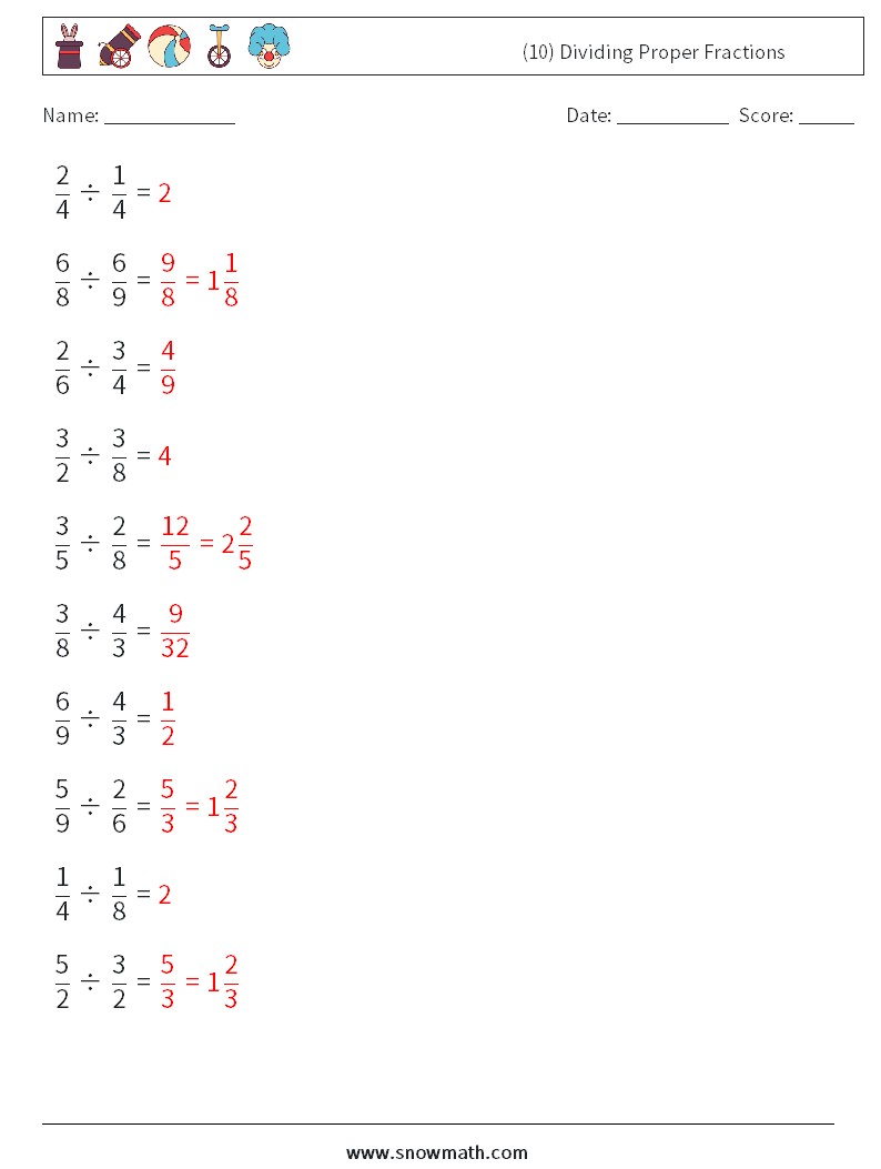 (10) Dividing Proper Fractions Math Worksheets 7 Question, Answer