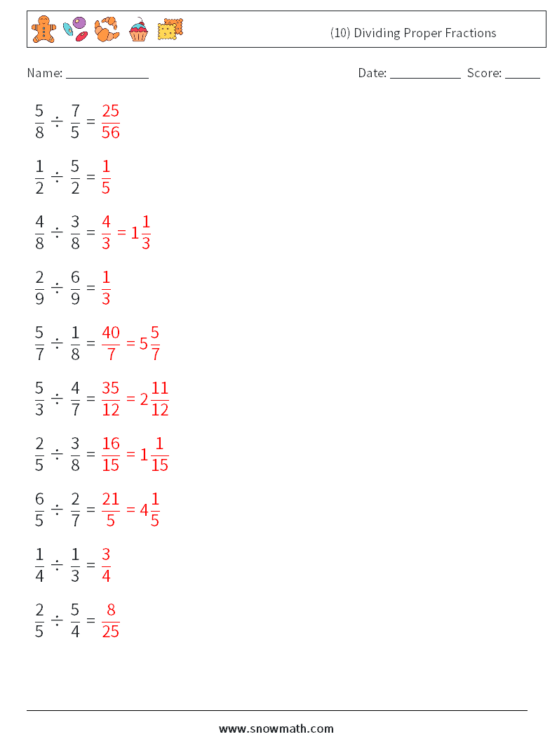 (10) Dividing Proper Fractions Math Worksheets 8 Question, Answer