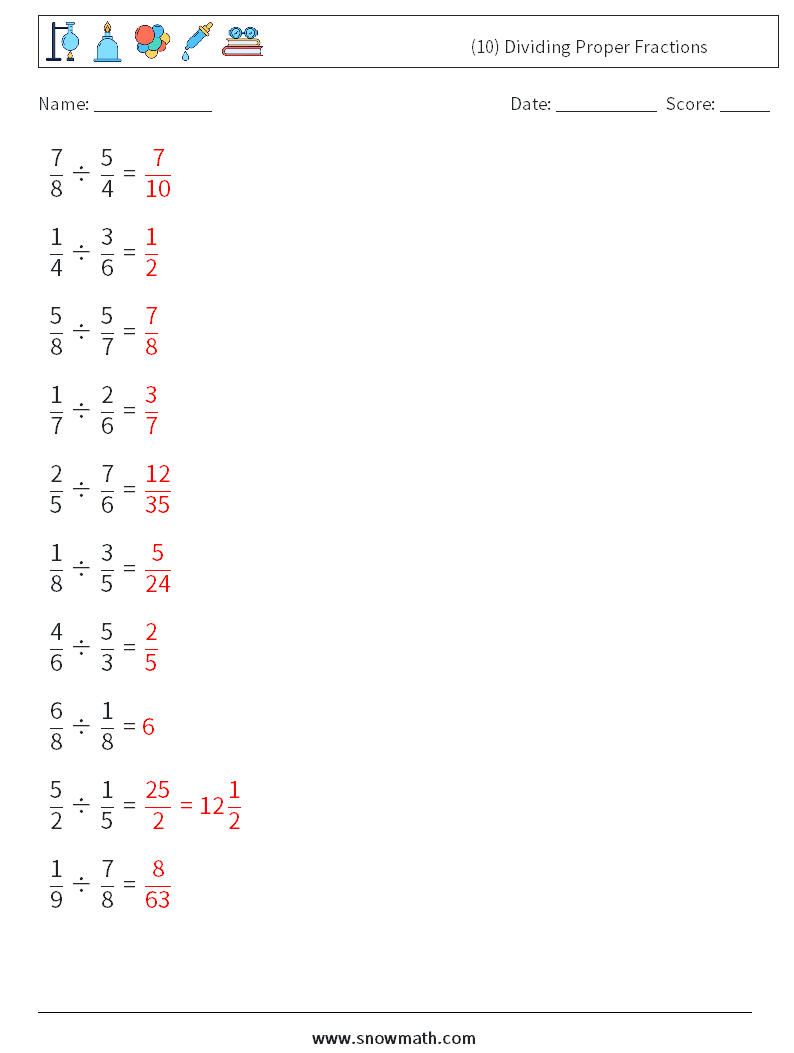 (10) Dividing Proper Fractions Math Worksheets 9 Question, Answer