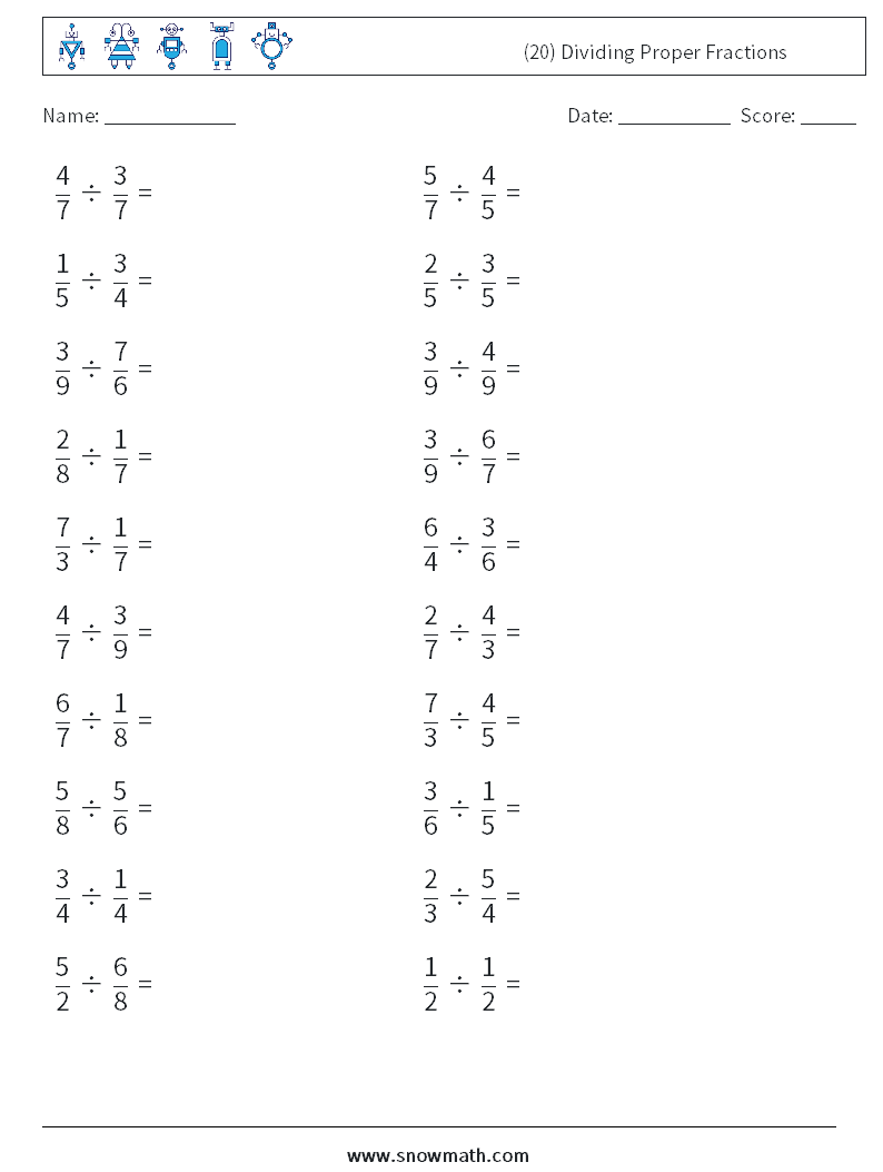 (20) Dividing Proper Fractions Math Worksheets 10