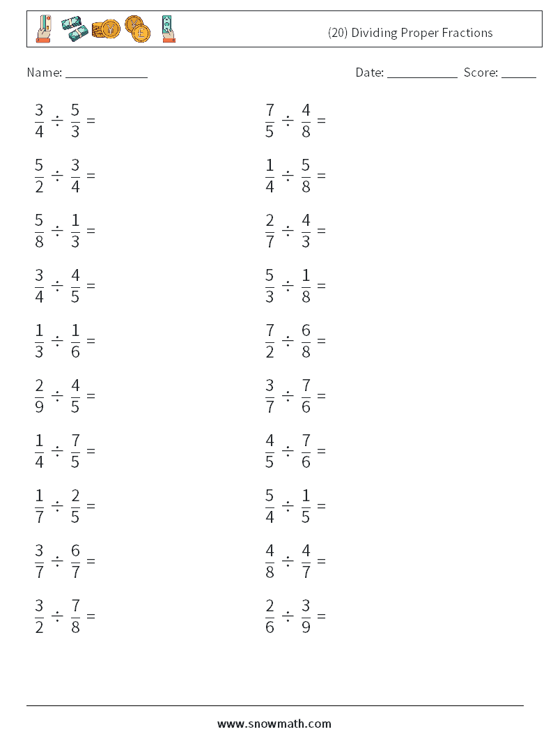 (20) Dividing Proper Fractions Math Worksheets 11