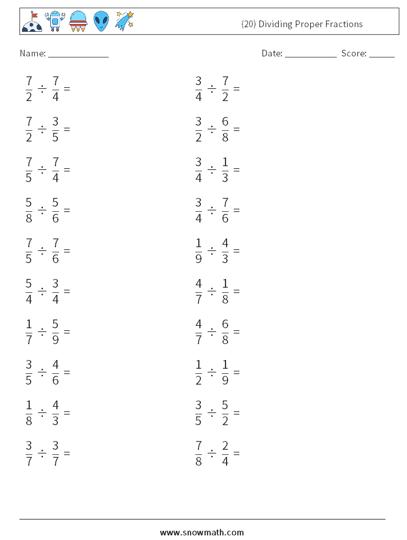 (20) Dividing Proper Fractions Math Worksheets 12