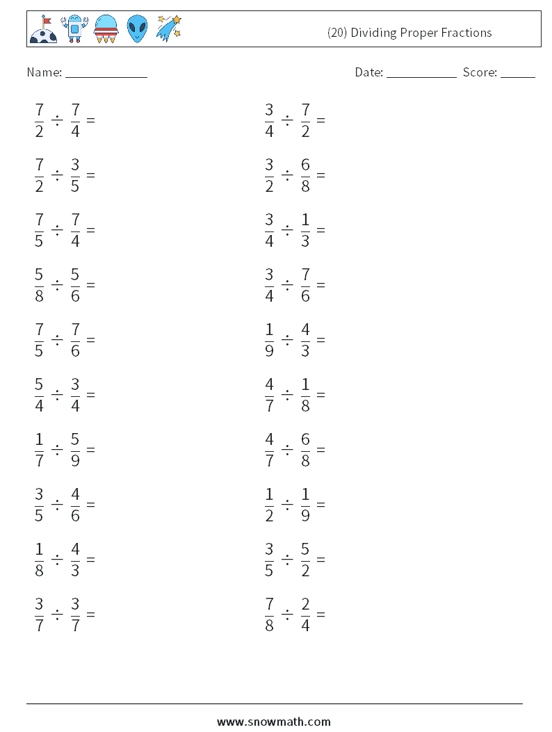 (20) Dividing Proper Fractions Maths Worksheets 12