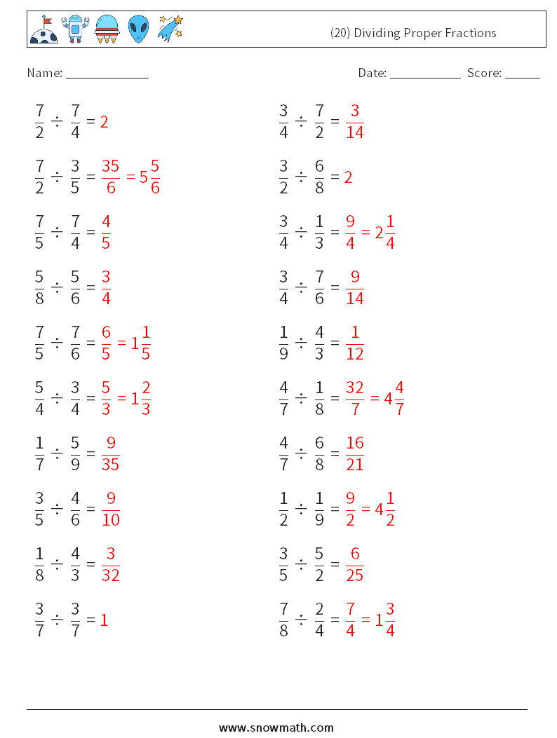 (20) Dividing Proper Fractions Math Worksheets 12 Question, Answer