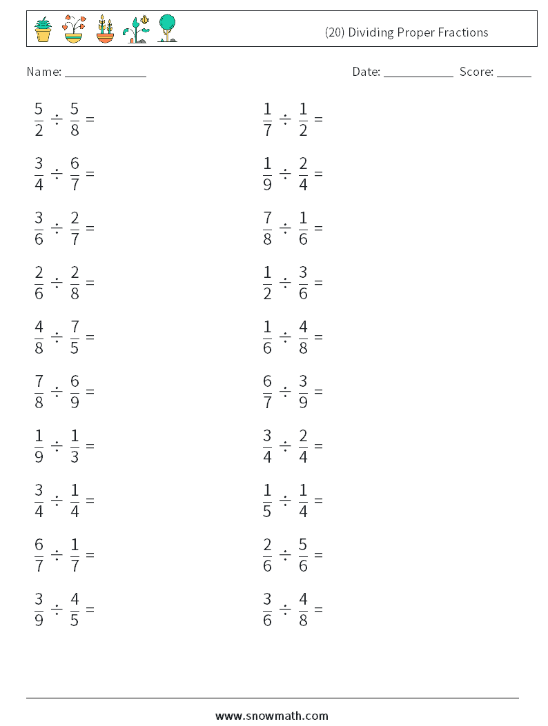 (20) Dividing Proper Fractions Math Worksheets 13