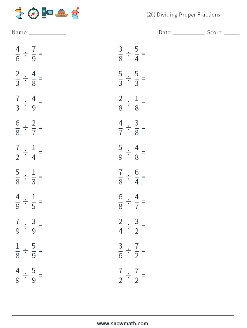 (20) Dividing Proper Fractions Math Worksheets 14