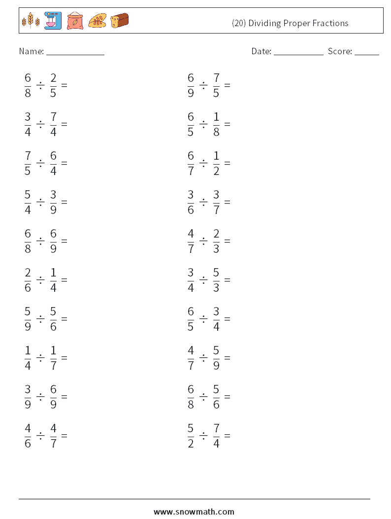 (20) Dividing Proper Fractions Math Worksheets 15