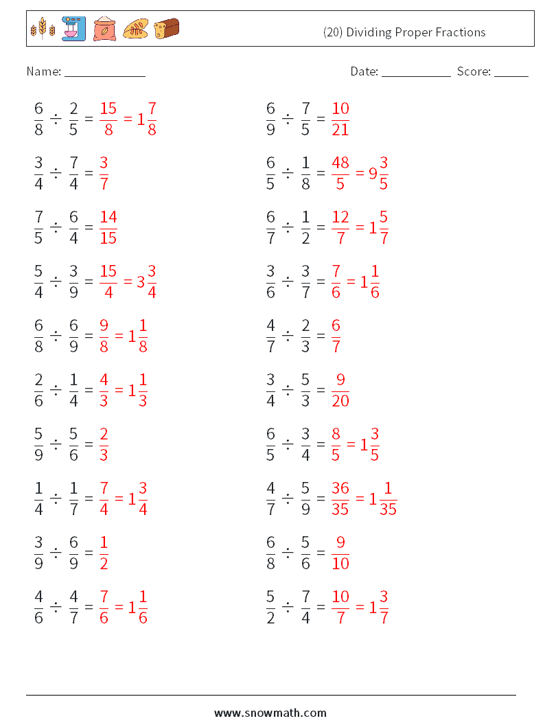 (20) Dividing Proper Fractions Math Worksheets 15 Question, Answer